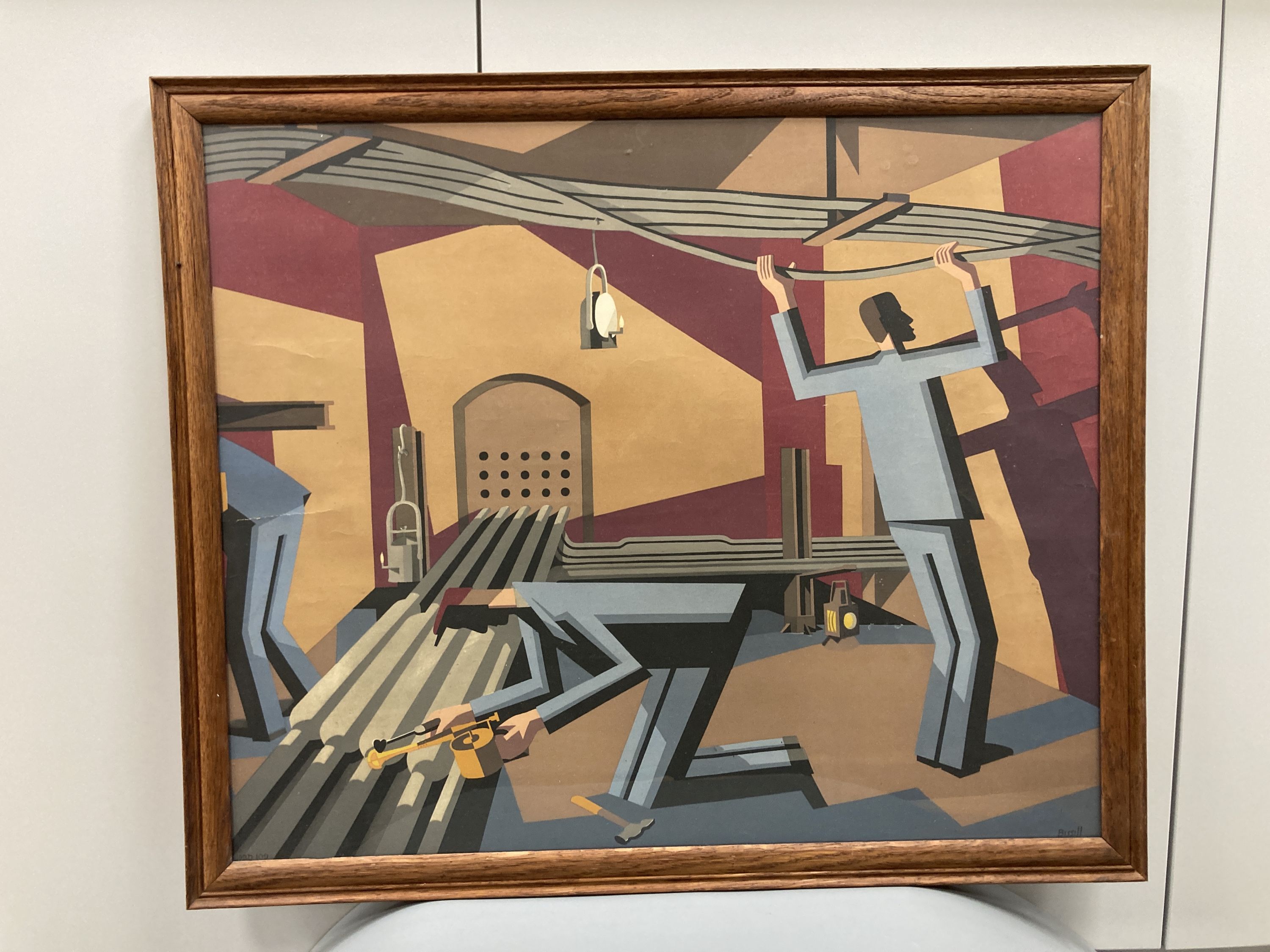 George William Bissell (1896-1973), colour print, Construction workers, 49 x 59cm